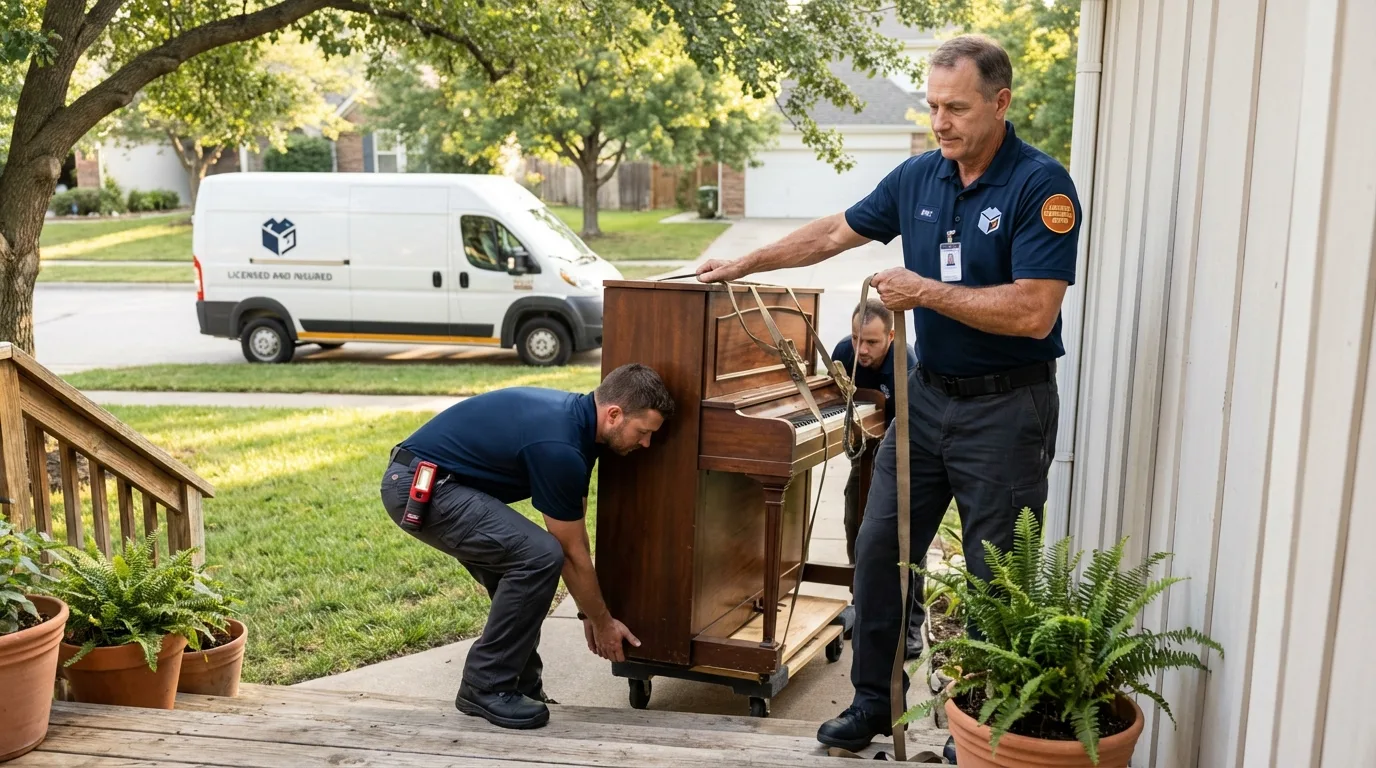 Licensed piano movers securing grand piano in Ortonville, MI