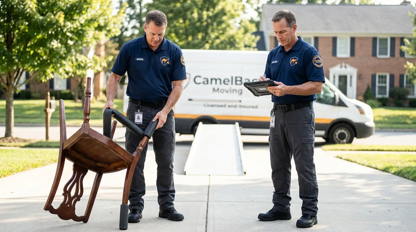 Movers inspecting furniture for damage prevention before loading in Ortonville, MI