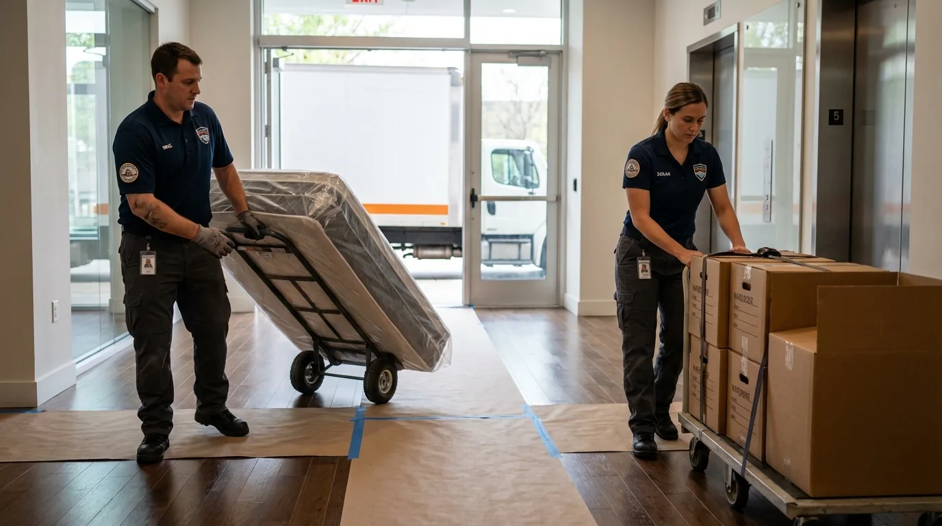Professional apartment movers loading elevator in Ortonville, MI