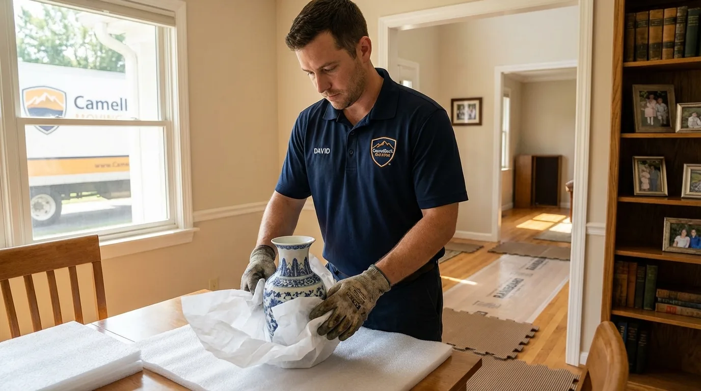 Professional crew carefully wrapping antique vase for senior downsizing move in Ortonville, MI