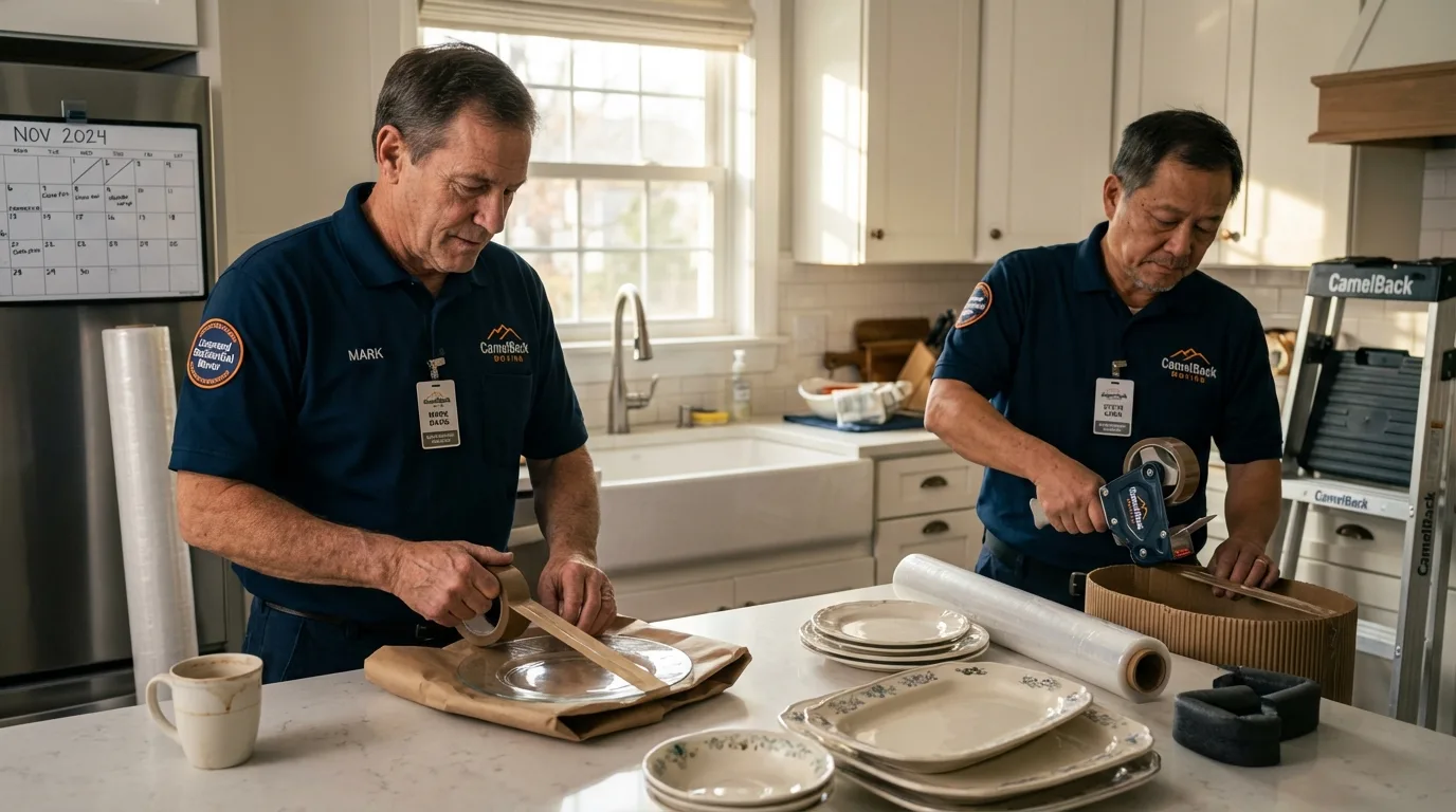 Professional crew packing kitchen dishware in Ortonville, MI